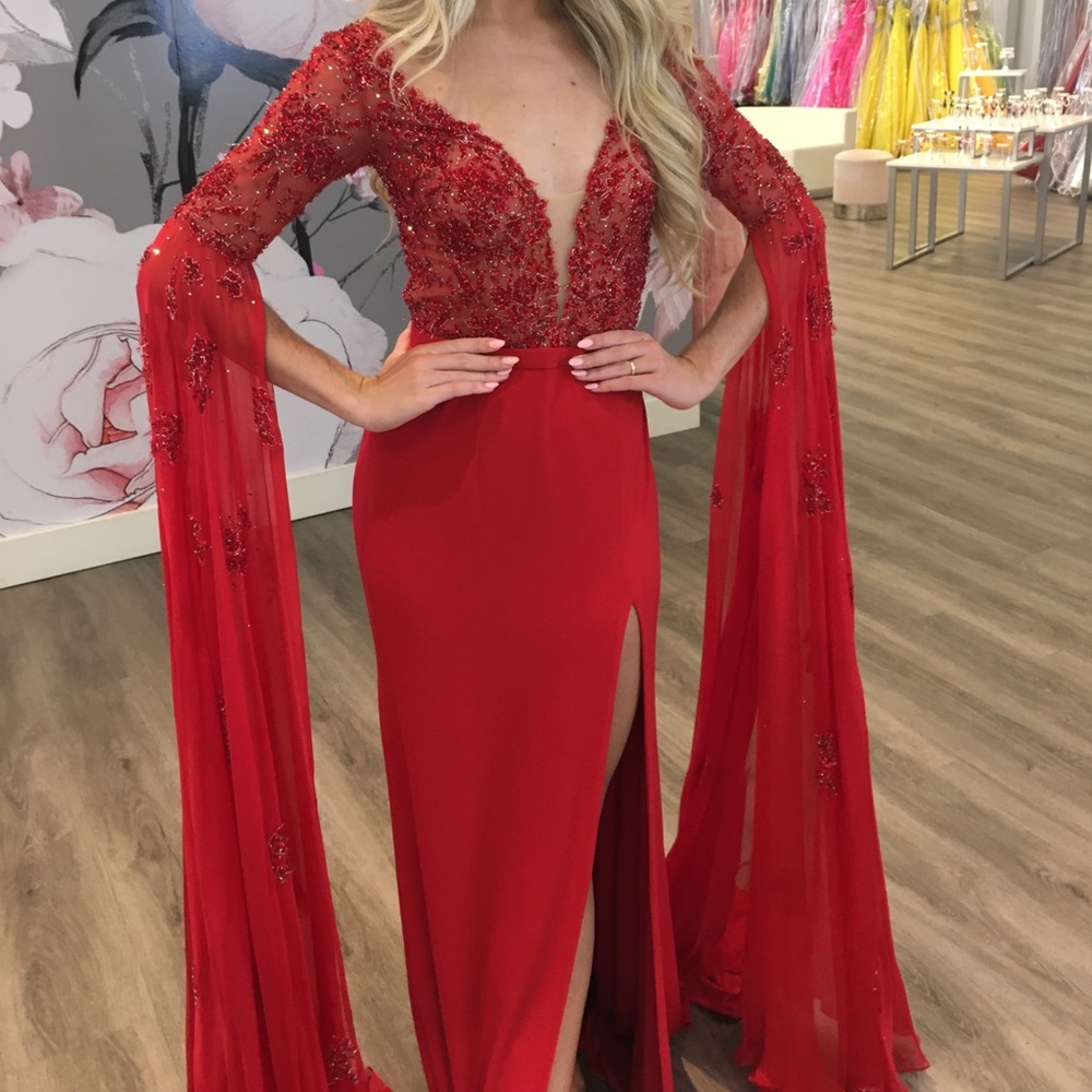 SOLD Sherri Hill Couture Red Long Sleeve Gown - Picture 4 of 4